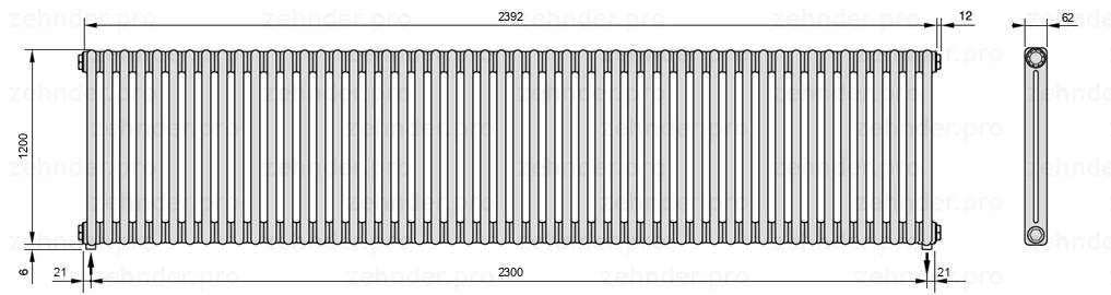 Схема (чертеж) Радиатор Zehnder Charleston 2120/52 №5310 Белый глянцевый RAL 9016